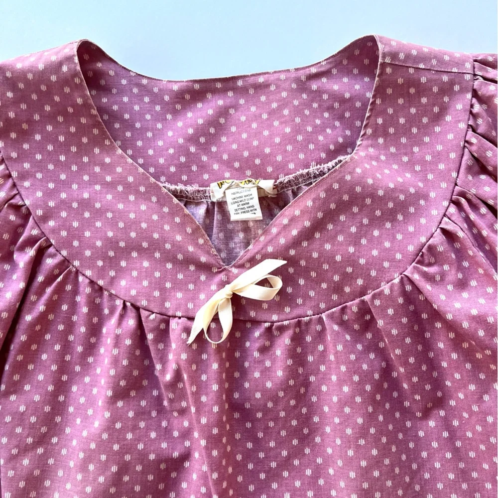 Vintage Pink Polka Dot Peasant Blouse Large Bow Detail Puff Sleeves 100% Cotton - Picture 9 of 9